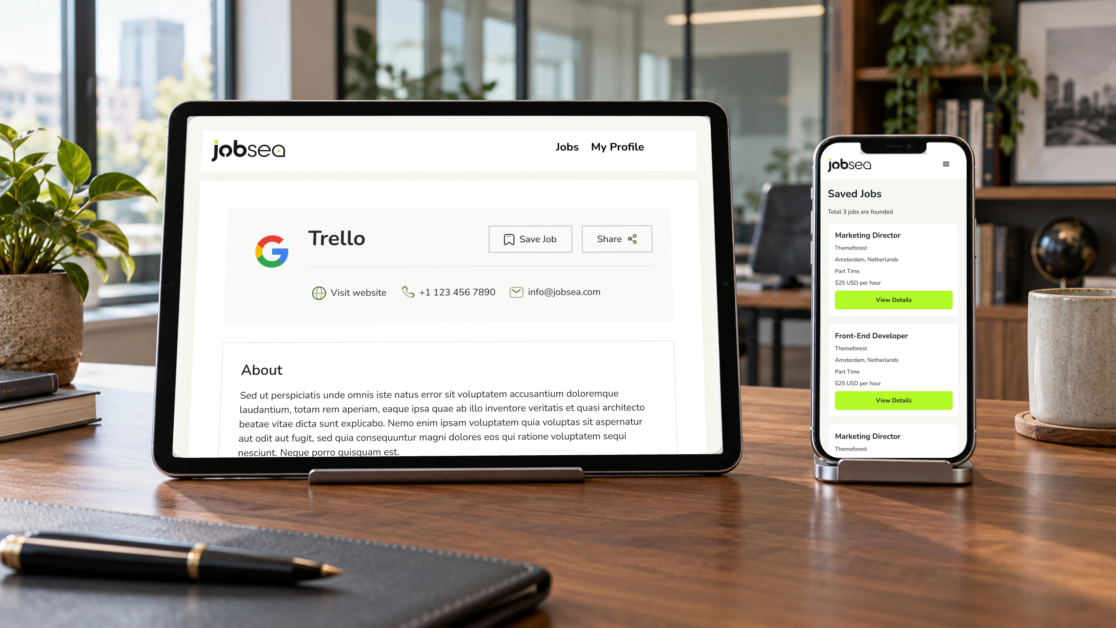 Job Sea Tablet Mobile Job Detail And Saved Jobs Recruitment Office