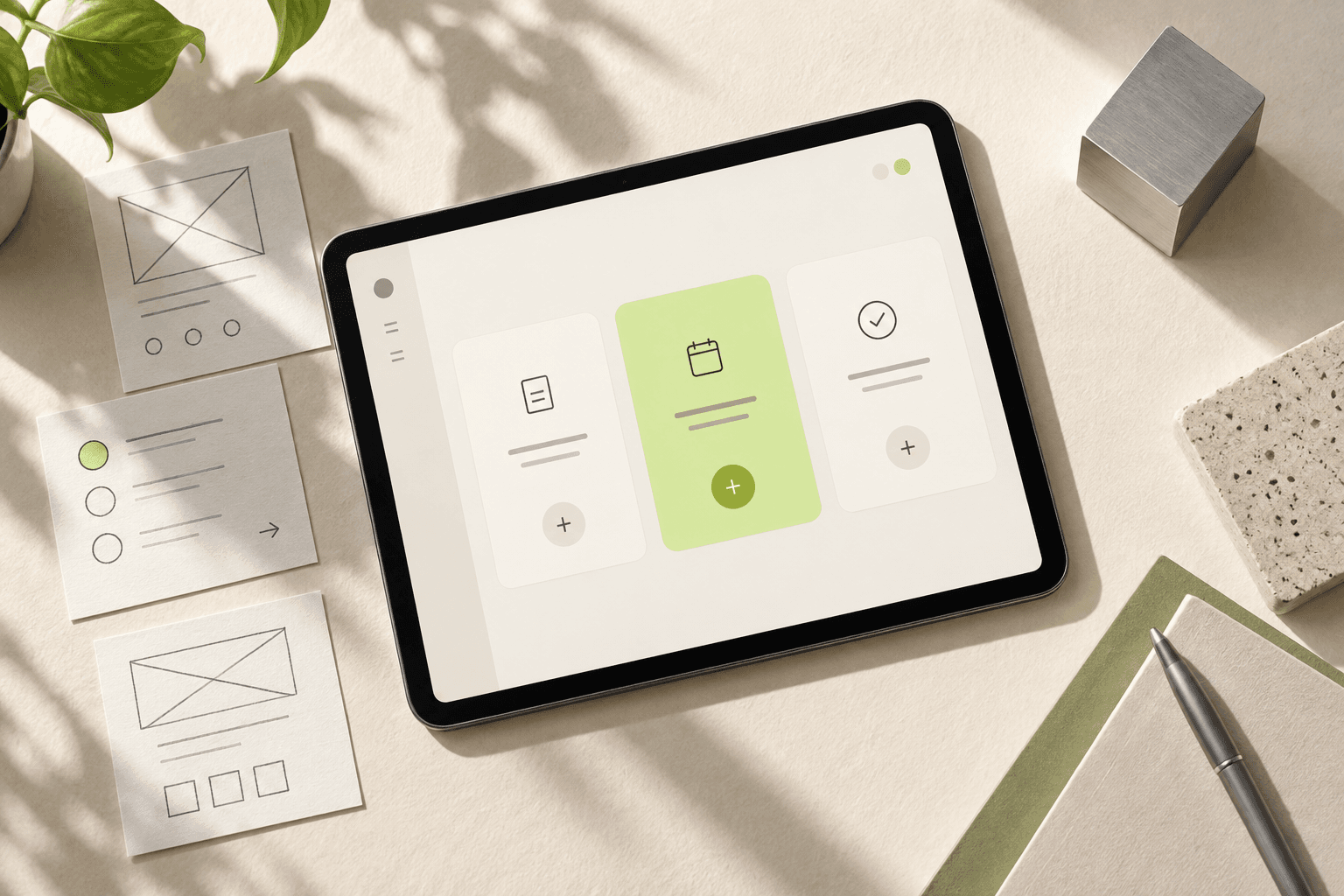 Tablet with an early product screen next to paper wireframes
