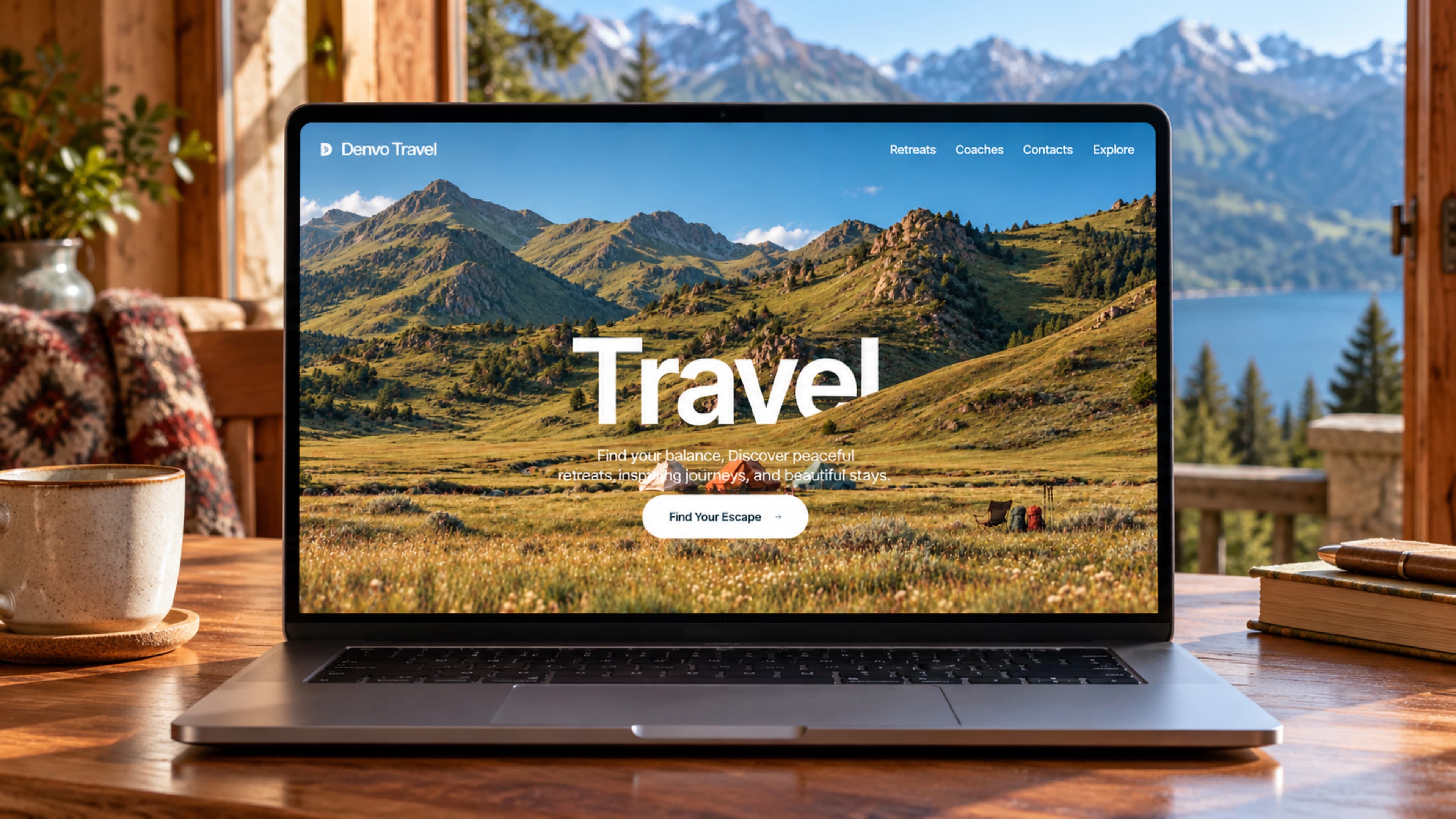 Denvo Travel desktop website in a mountain retreat setting