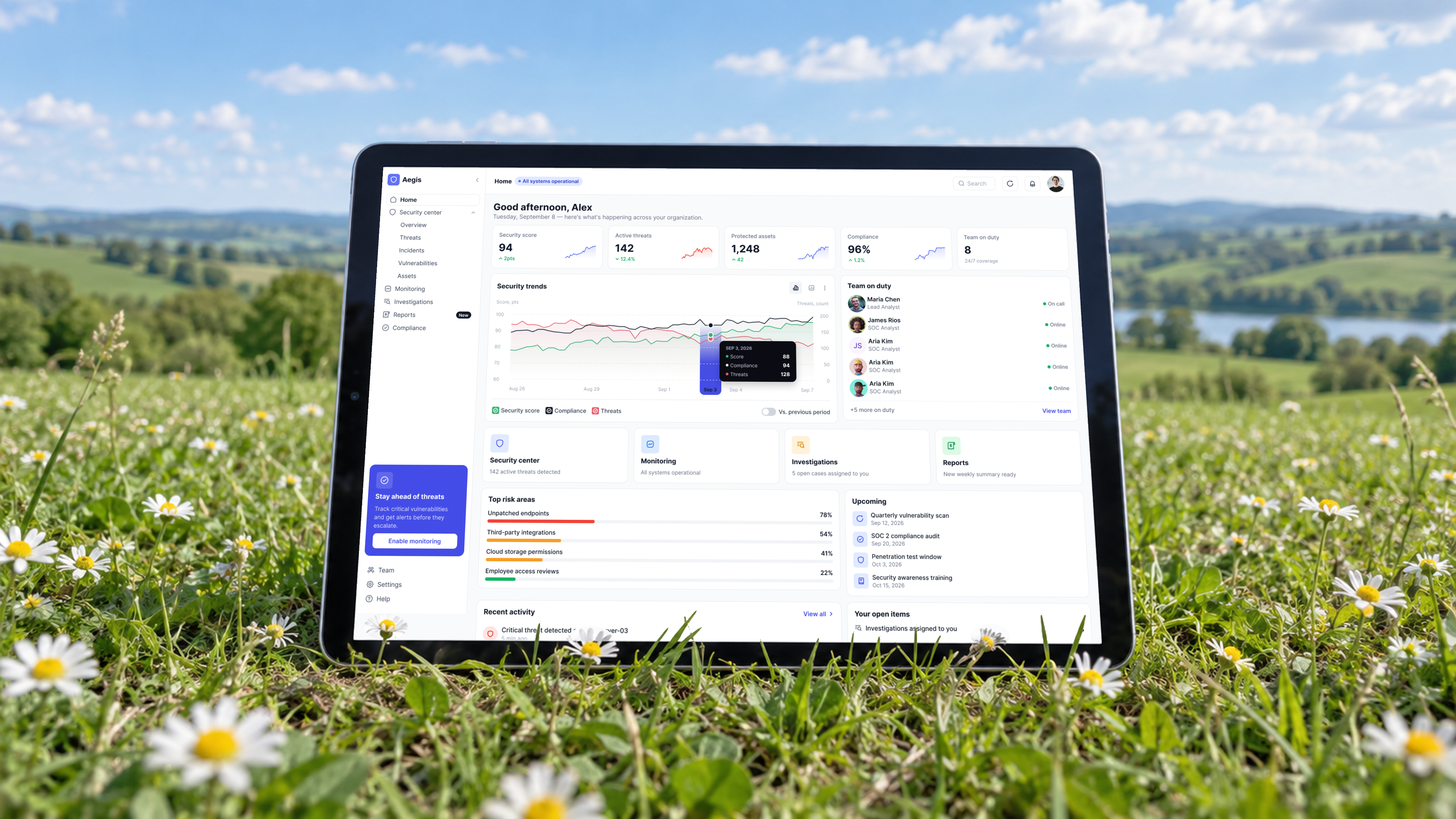 SaaS analytics dashboard on a tablet standing in a meadow